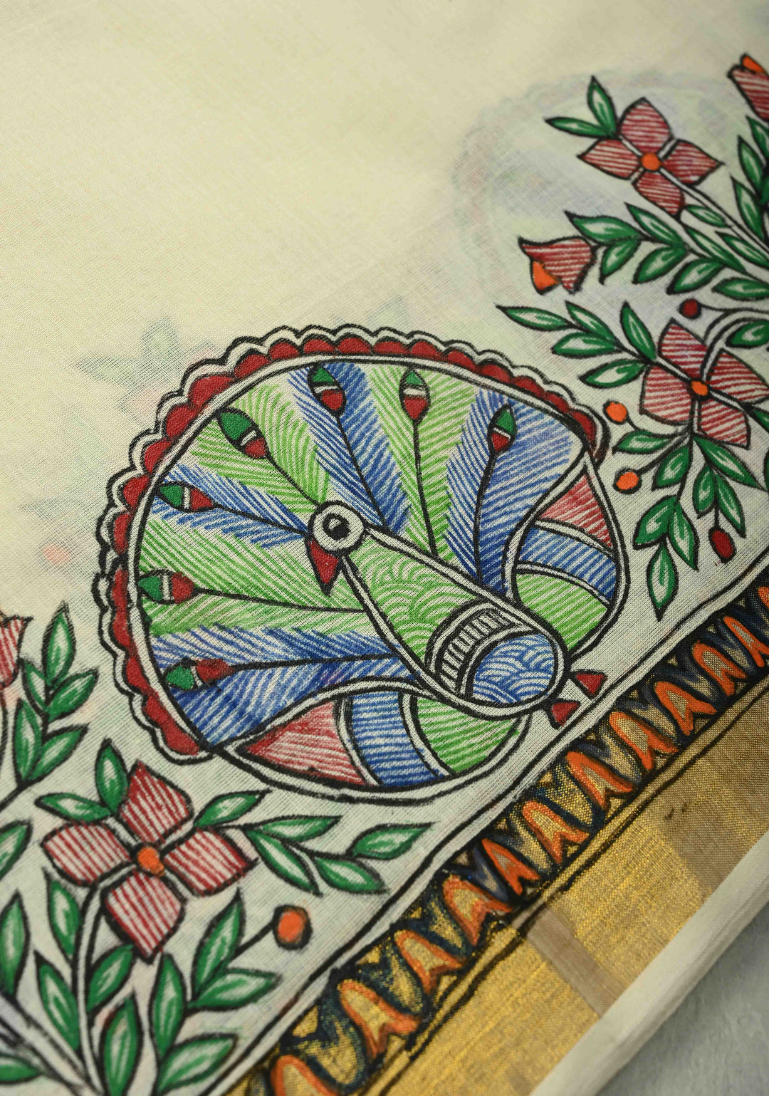 Off White Keral Cotton Saree with Madhubani Hand painted and Minimal Zari Border