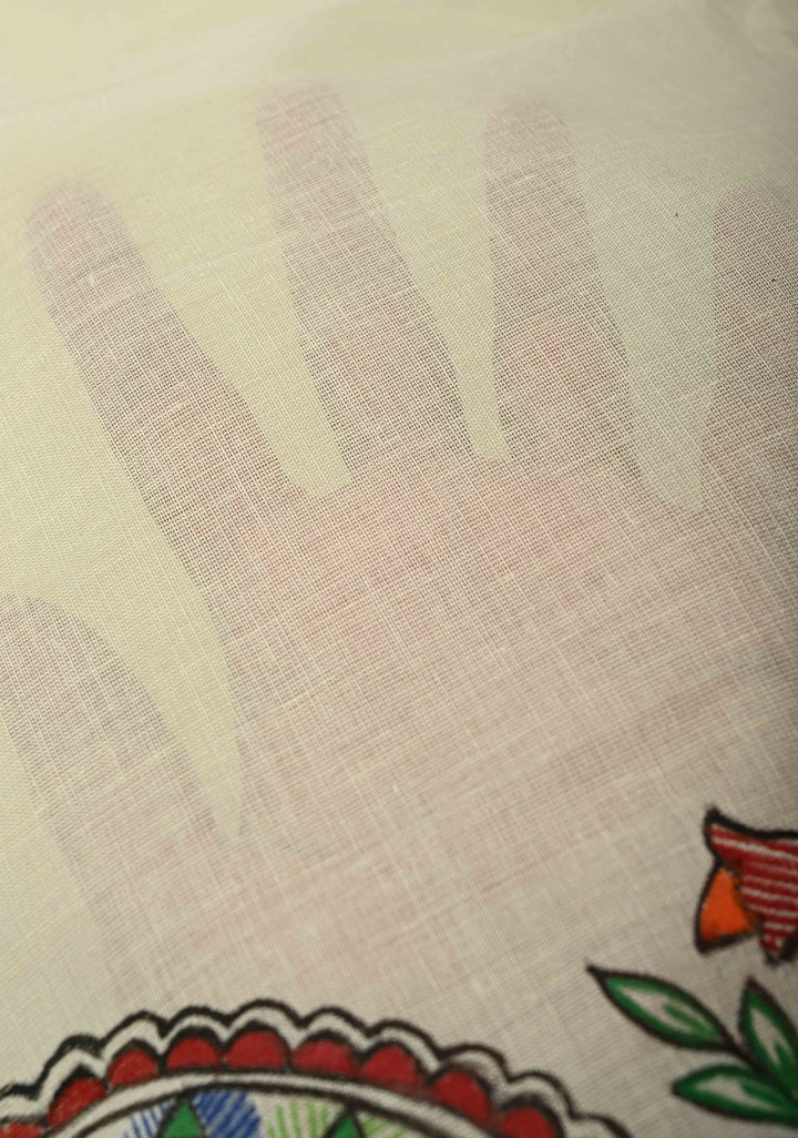 Off White Keral Cotton Saree with Madhubani Hand painted and Minimal Zari Border