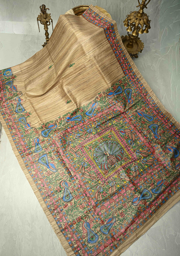 Kora Color Pure Handloom Tussar Silk Saree With Madhubani Hand Painted and Peacock Motifs| SILK MARK CERTIFIED