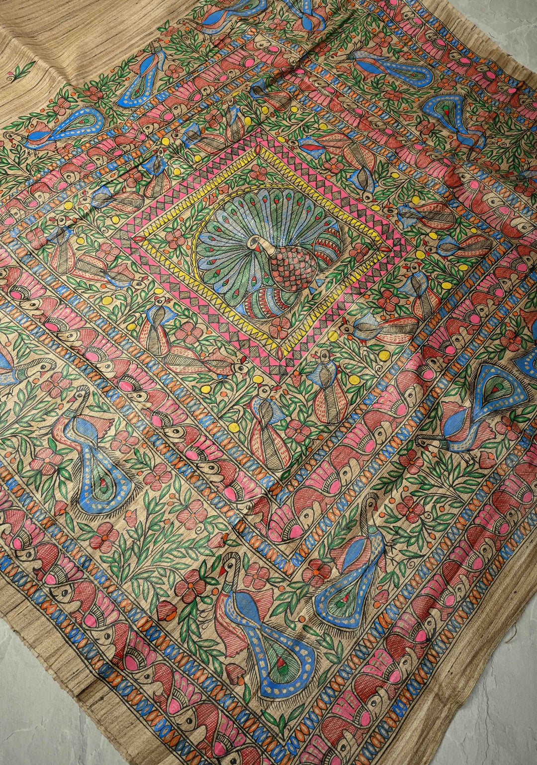 Kora Color Pure Handloom Tussar Silk Saree With Madhubani Hand Painted and Peacock Motifs| SILK MARK CERTIFIED