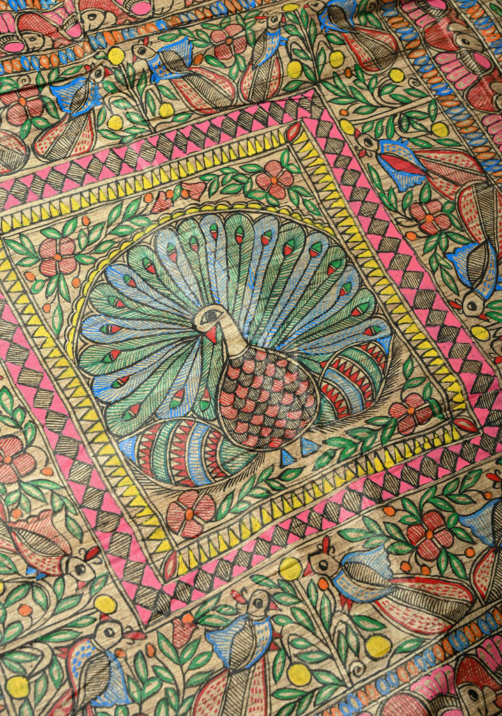 Kora Color Pure Handloom Tussar Silk Saree With Madhubani Hand Painted and Peacock Motifs| SILK MARK CERTIFIED