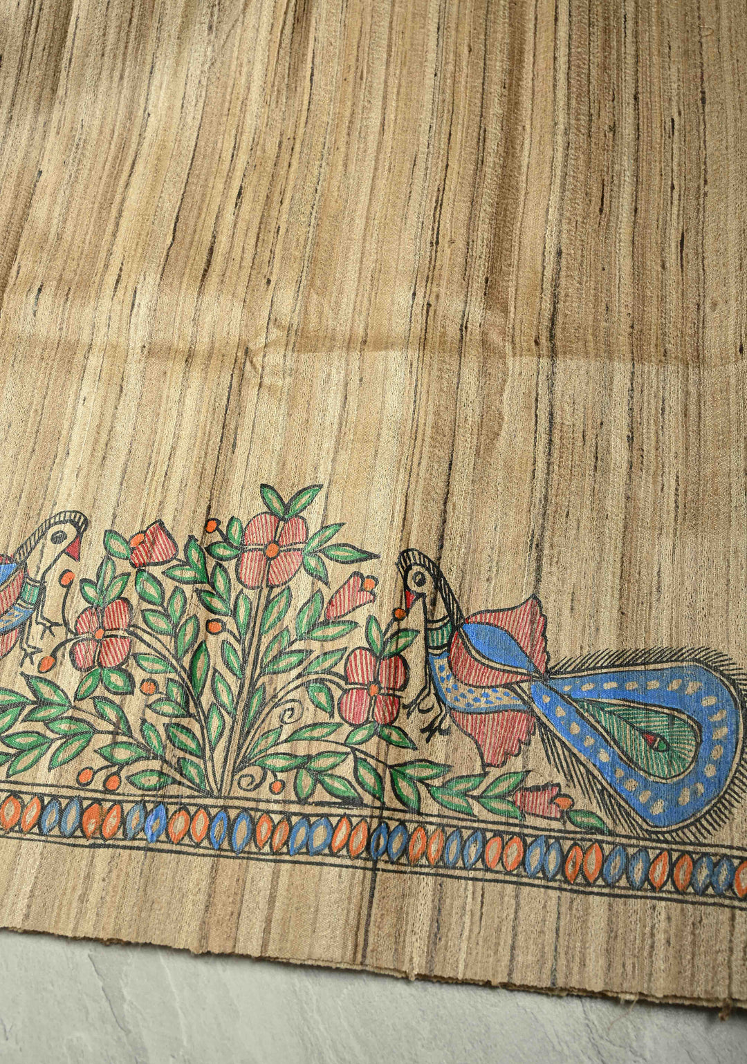 Kora Color Pure Handloom Tussar Silk Saree With Madhubani Hand Painted and Peacock Motifs| SILK MARK CERTIFIED