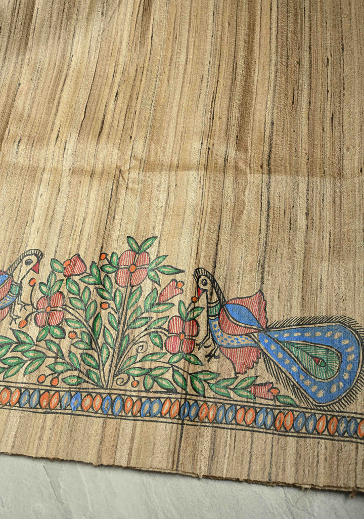 Kora Color Pure Handloom Tussar Silk Saree With Madhubani Hand Painted and Peacock Motifs| SILK MARK CERTIFIED