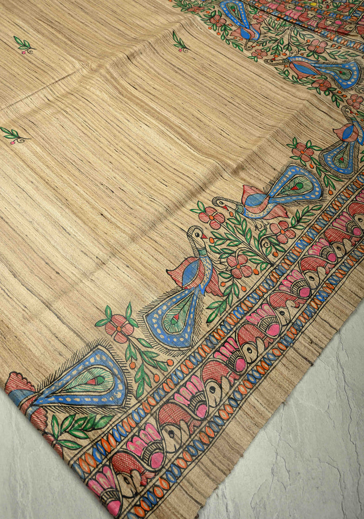 Kora Color Pure Handloom Tussar Silk Saree With Madhubani Hand Painted and Peacock Motifs| SILK MARK CERTIFIED