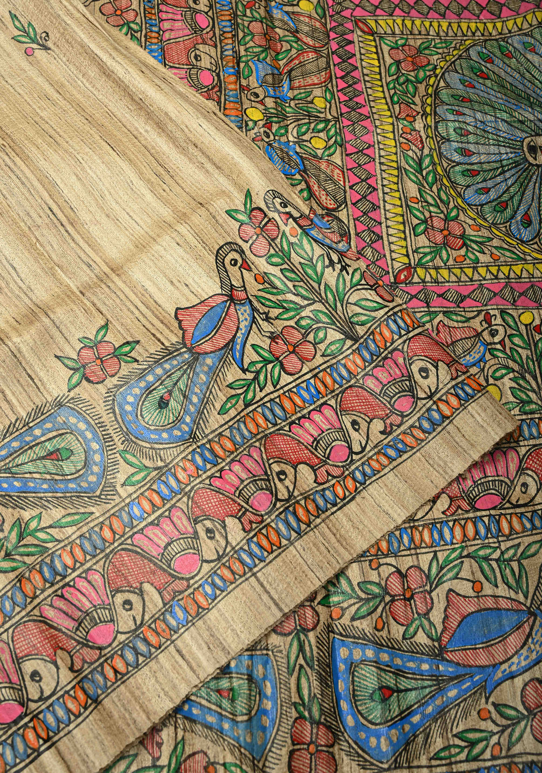 Kora Color Pure Handloom Tussar Silk Saree With Madhubani Hand Painted and Peacock Motifs| SILK MARK CERTIFIED