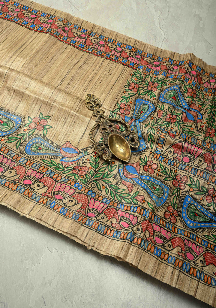 Kora Color Pure Handloom Tussar Silk Saree With Madhubani Hand Painted and Peacock Motifs| SILK MARK CERTIFIED