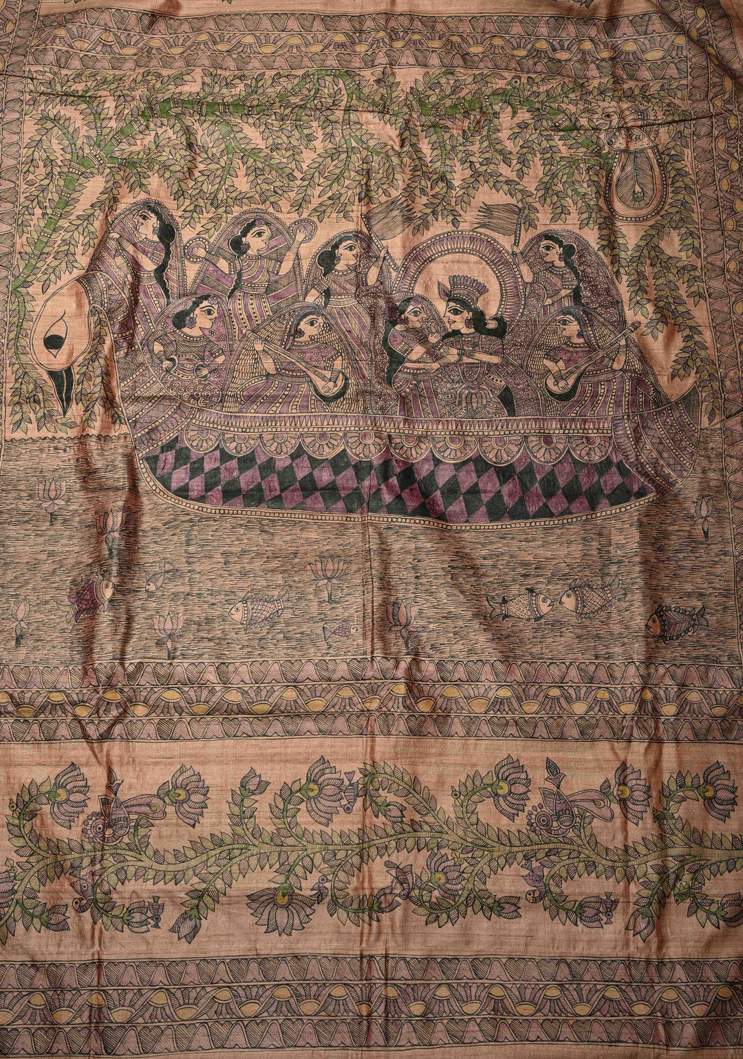 Pastel Pink Desi Tussar Madhubani Painting Saree | SILK MARK CERTIFIED