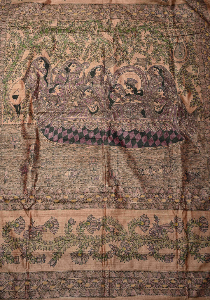 Pastel Pink Desi Tussar Madhubani Painting Saree | SILK MARK CERTIFIED