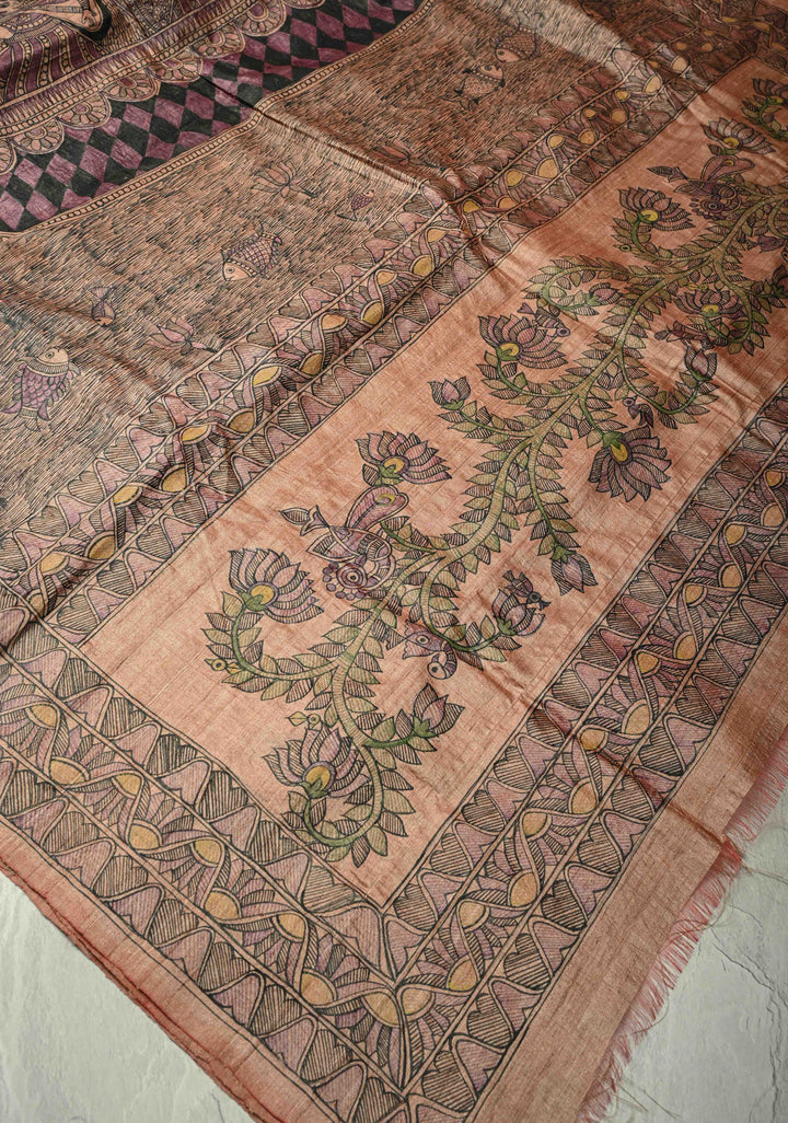 Pastel Pink Desi Tussar Madhubani Painting Saree | SILK MARK CERTIFIED