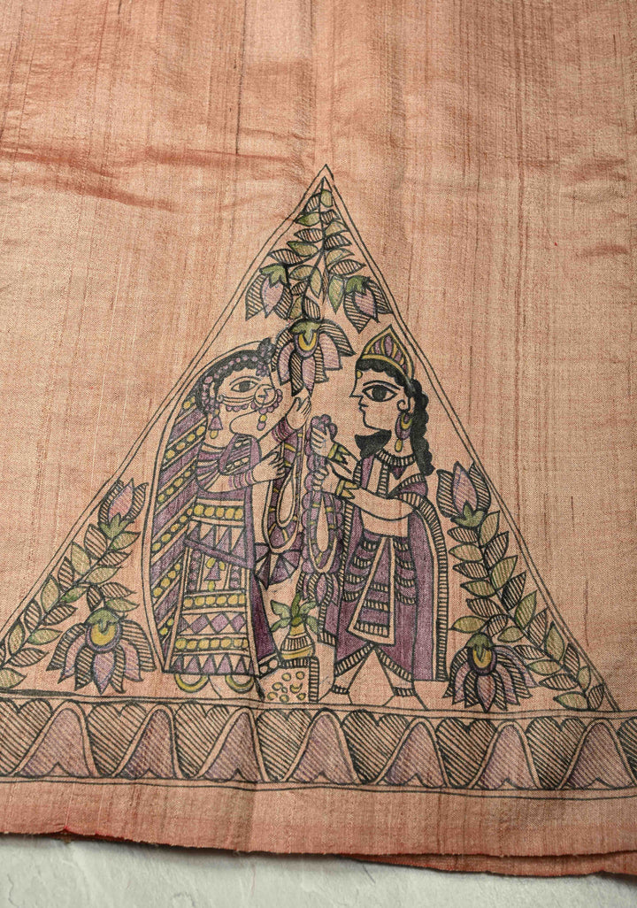 Pastel Pink Desi Tussar Madhubani Painting Saree | SILK MARK CERTIFIED