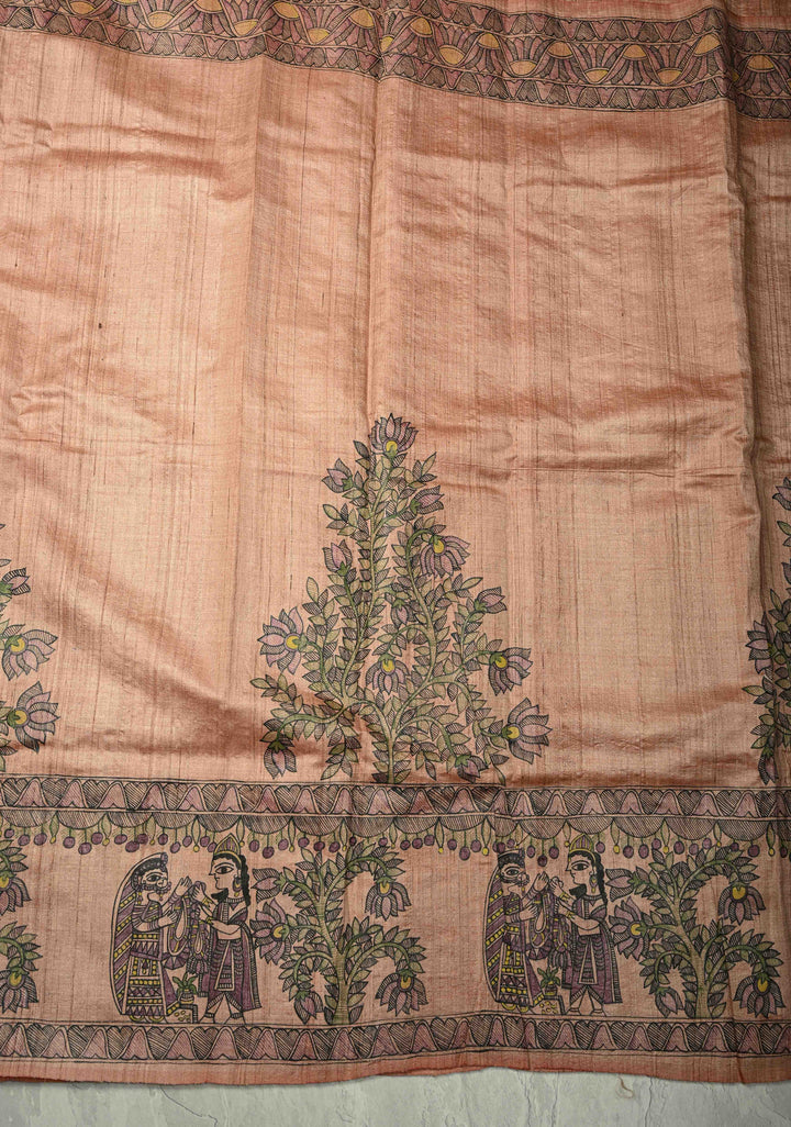 Pastel Pink Desi Tussar Madhubani Painting Saree | SILK MARK CERTIFIED