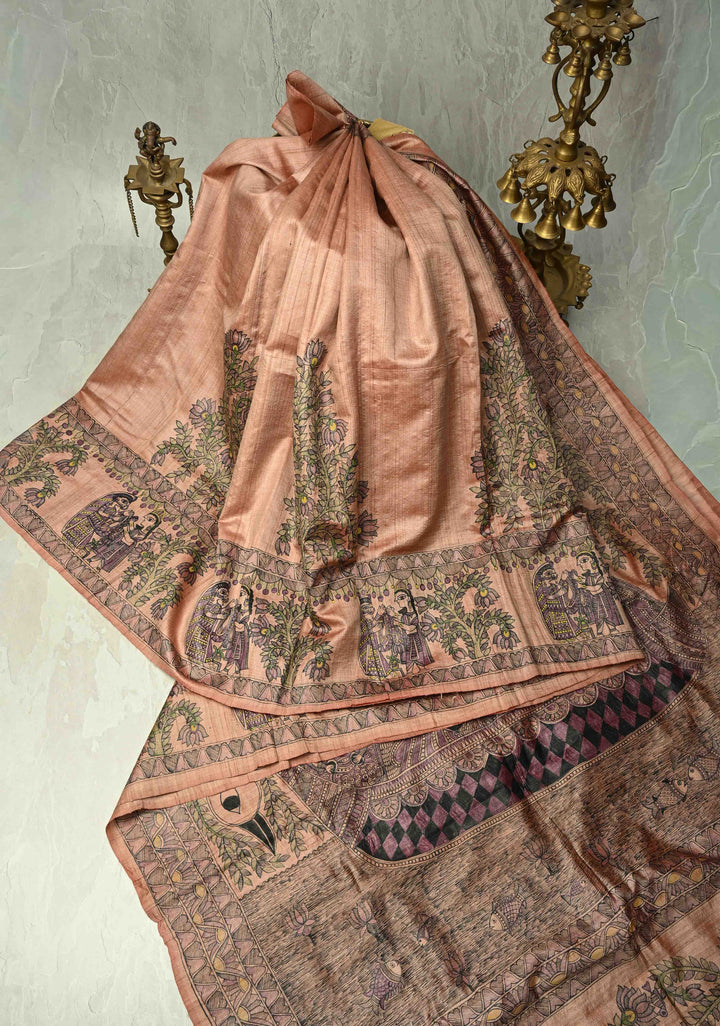 Pastel Pink Desi Tussar Madhubani Painting Saree | SILK MARK CERTIFIED
