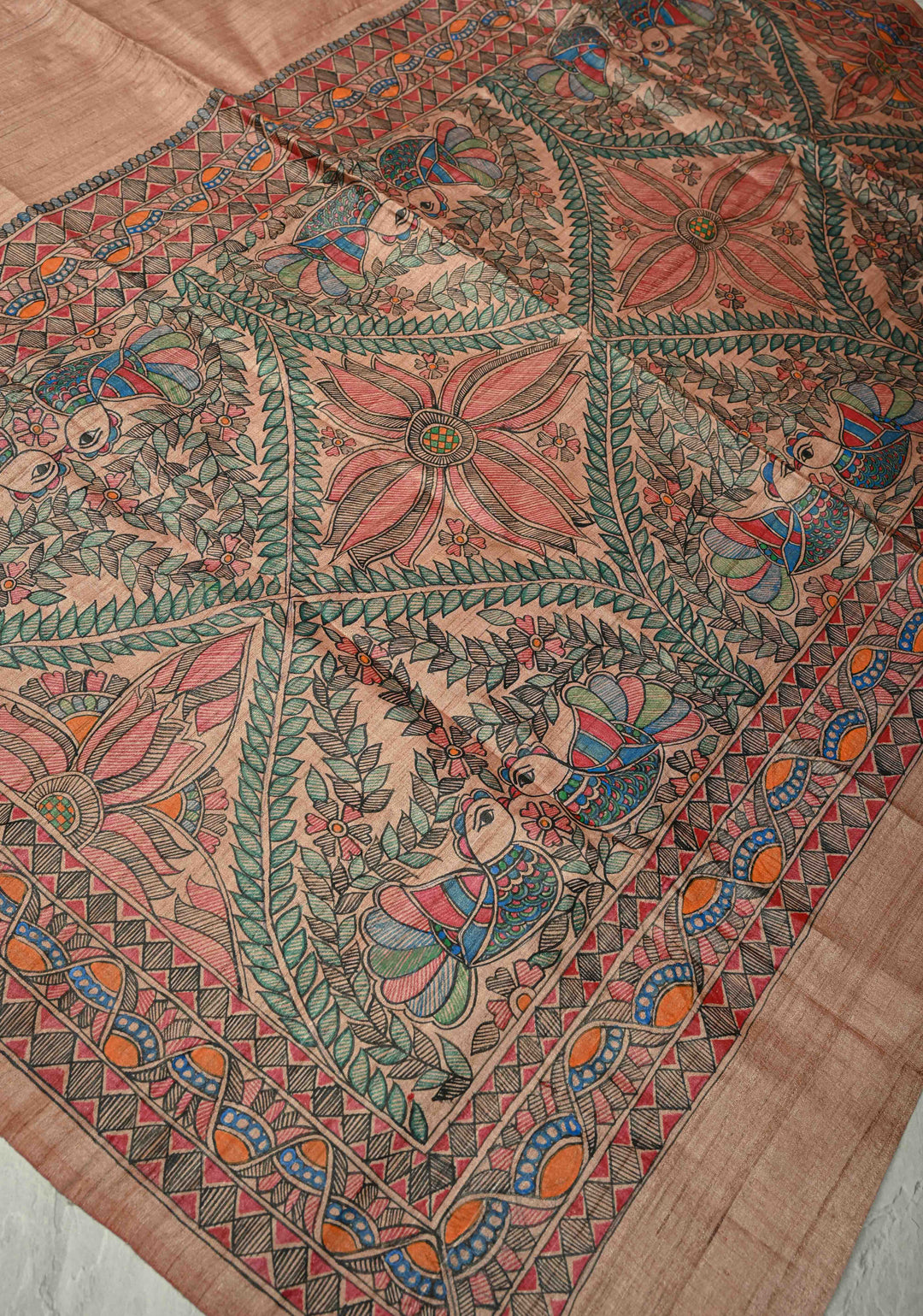 Dupatta :  Onion Pink Tussar Silk Hand Painted Madhubani Dupatta| SILK MARK CERTIFIED