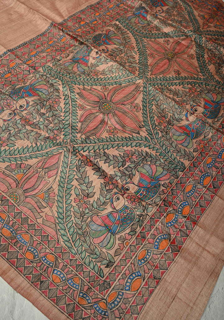 Dupatta :  Onion Pink Tussar Silk Hand Painted Madhubani Dupatta| SILK MARK CERTIFIED