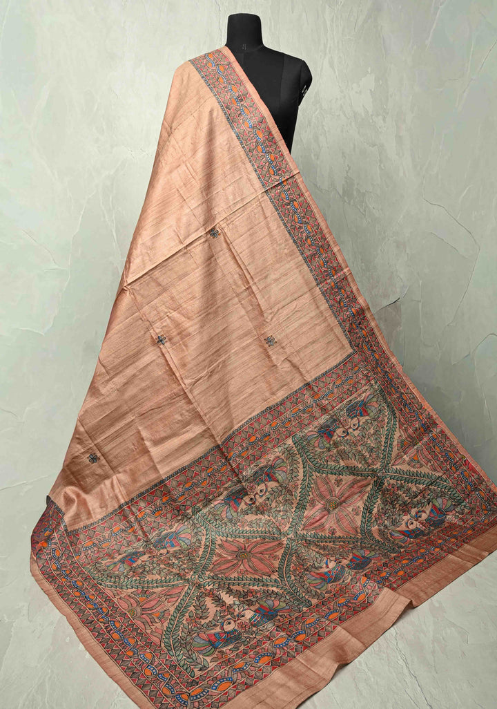 Dupatta :  Onion Pink Tussar Silk Hand Painted Madhubani Dupatta| SILK MARK CERTIFIED