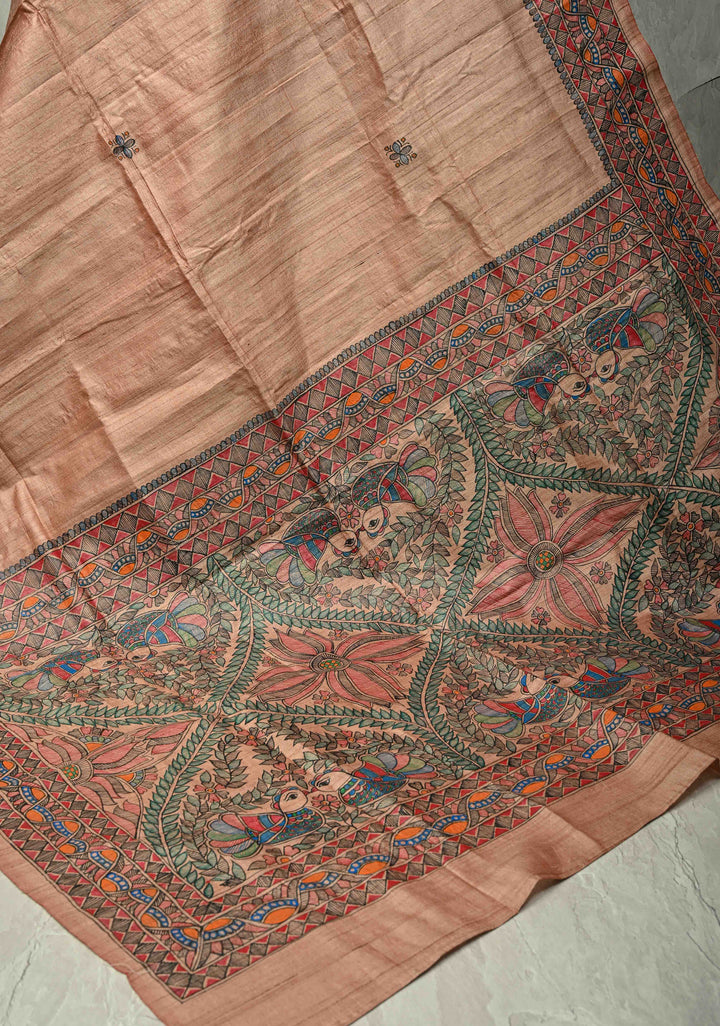 Dupatta :  Onion Pink Tussar Silk Hand Painted Madhubani Dupatta| SILK MARK CERTIFIED