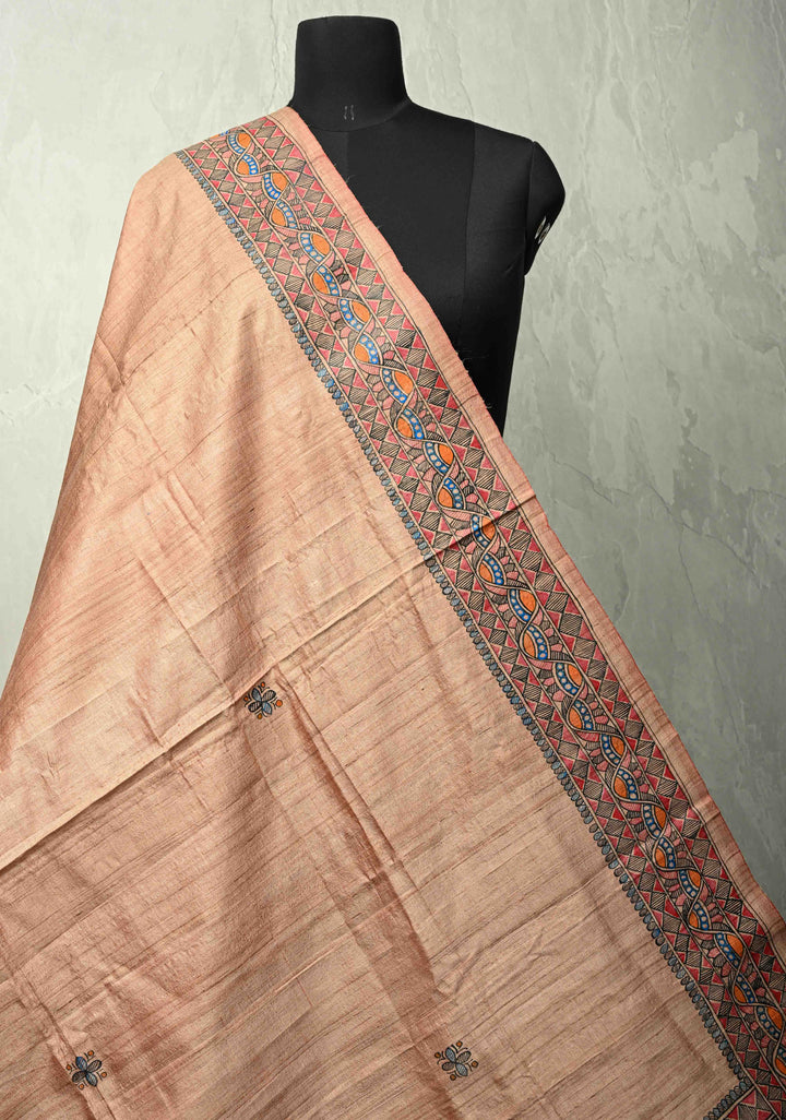 Dupatta :  Onion Pink Tussar Silk Hand Painted Madhubani Dupatta| SILK MARK CERTIFIED