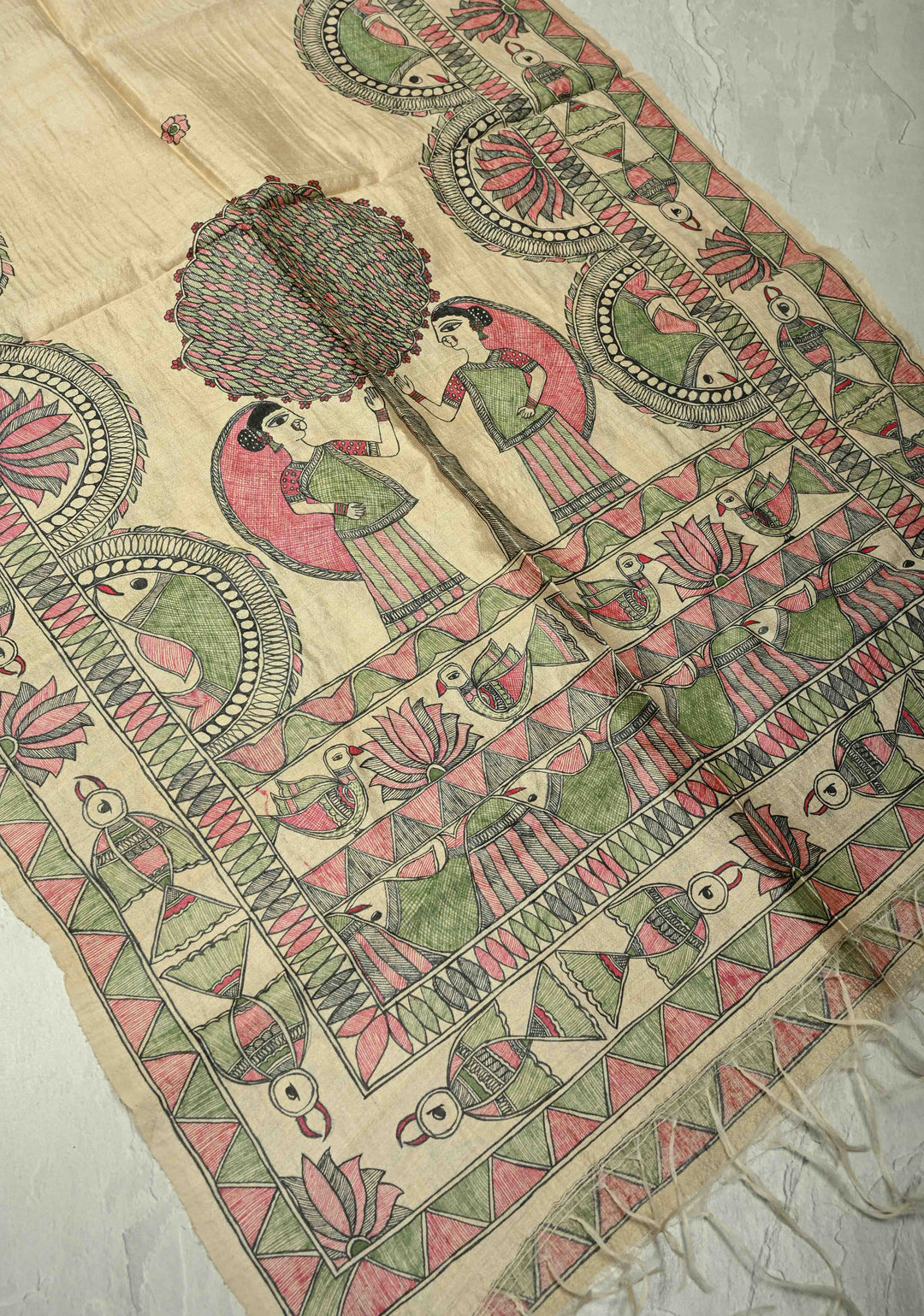 Dupatta : Beige Pure Tussar Silk Hand Painted Madhubani Dupatta | SILK MARK CERTIFIED