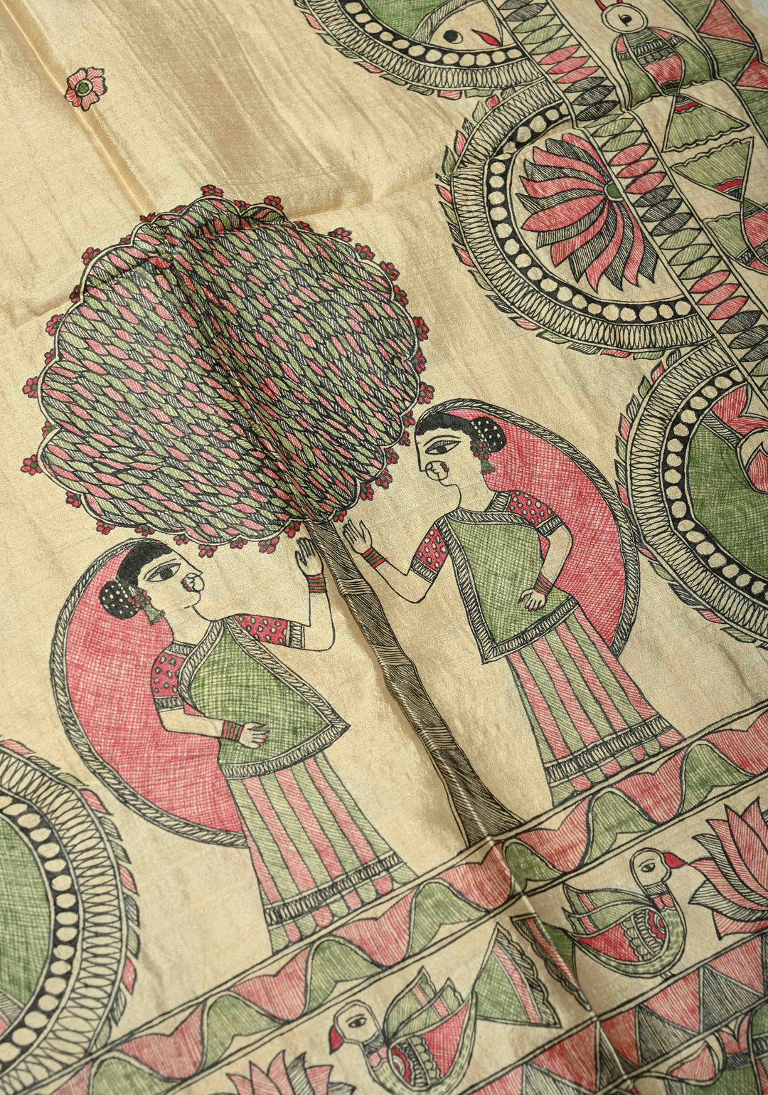 Dupatta : Beige Pure Tussar Silk Hand Painted Madhubani Dupatta | SILK MARK CERTIFIED