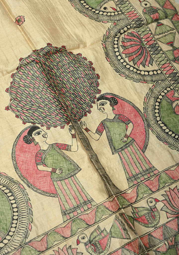 Dupatta : Beige Pure Tussar Silk Hand Painted Madhubani Dupatta | SILK MARK CERTIFIED
