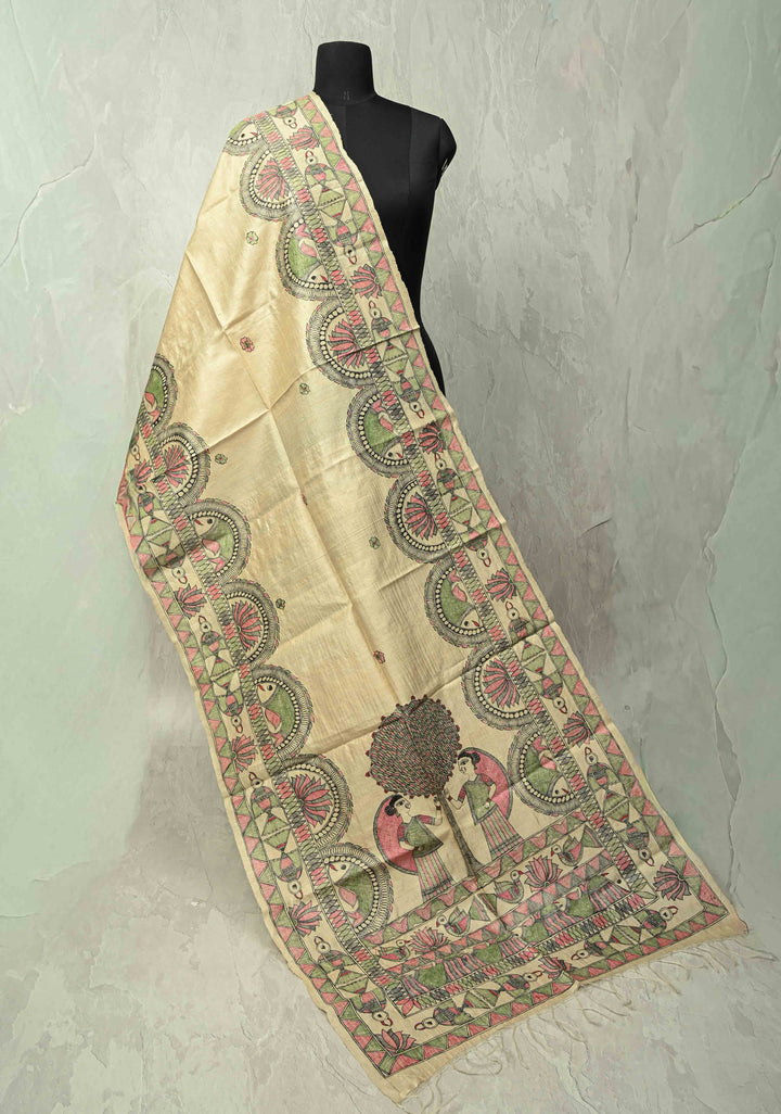 Dupatta : Beige Pure Tussar Silk Hand Painted Madhubani Dupatta | SILK MARK CERTIFIED