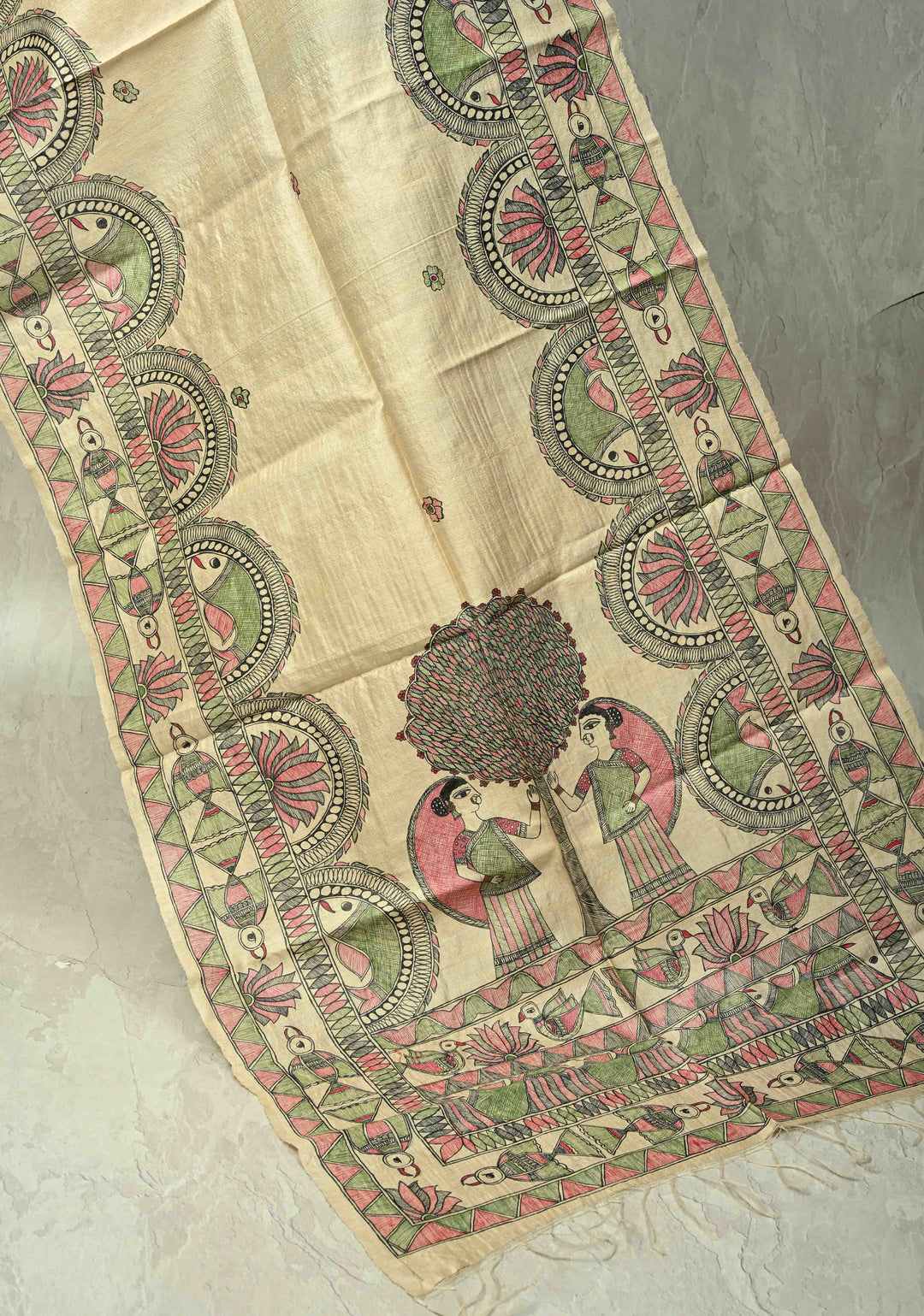 Dupatta : Beige Pure Tussar Silk Hand Painted Madhubani Dupatta | SILK MARK CERTIFIED