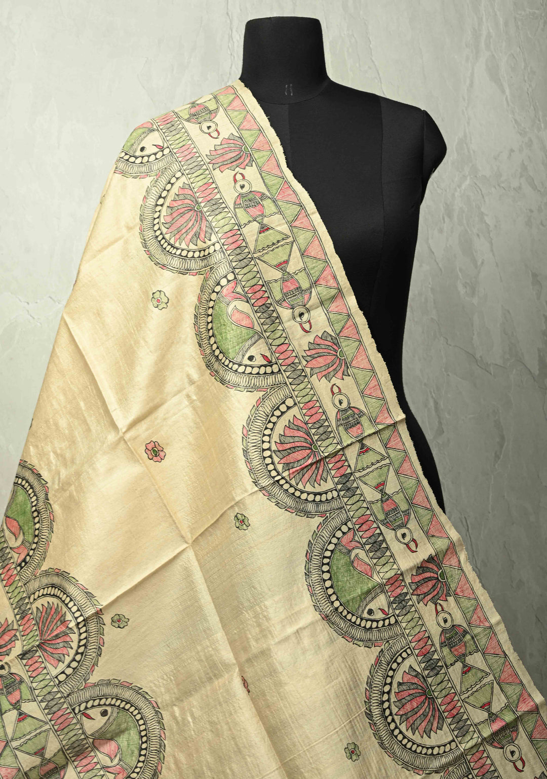 Dupatta : Beige Pure Tussar Silk Hand Painted Madhubani Dupatta | SILK MARK CERTIFIED