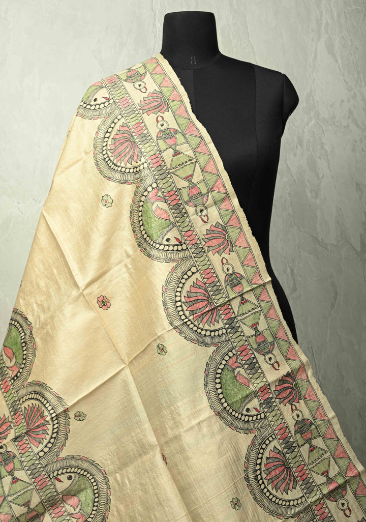 Dupatta : Beige Pure Tussar Silk Hand Painted Madhubani Dupatta | SILK MARK CERTIFIED