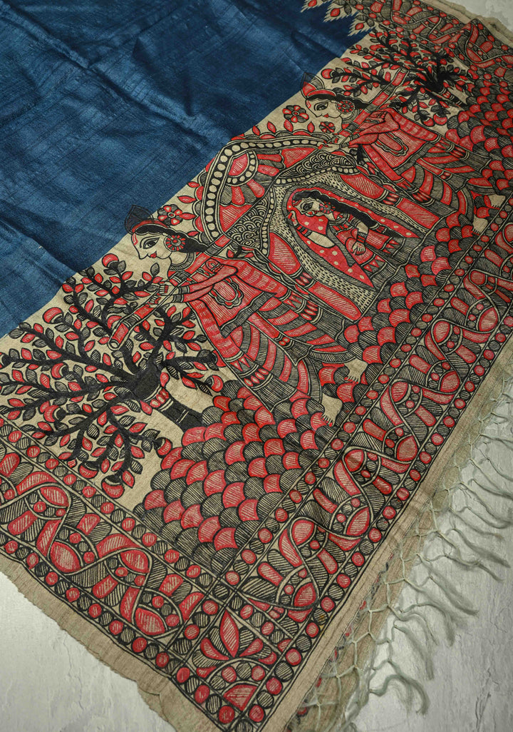 Dupatta : Blue Tussar Silk Hand Painted Madhubani Dupatta| SILK MARK CERTIFIED