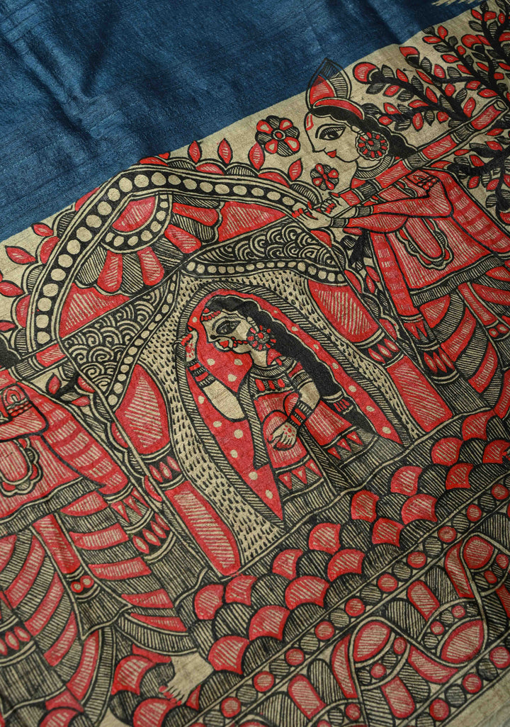 Dupatta : Blue Tussar Silk Hand Painted Madhubani Dupatta| SILK MARK CERTIFIED