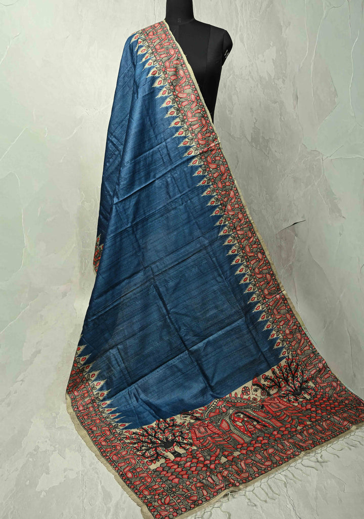 Dupatta : Blue Tussar Silk Hand Painted Madhubani Dupatta| SILK MARK CERTIFIED