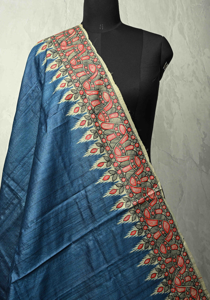 Dupatta : Blue Tussar Silk Hand Painted Madhubani Dupatta| SILK MARK CERTIFIED