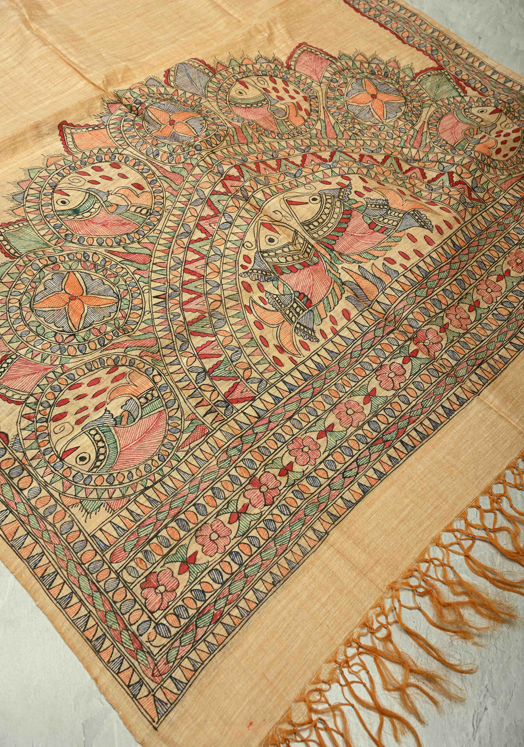 Dupatta : Peach Banana Vegan Cotton Silk Dupatta with Madhubani Hand Painted