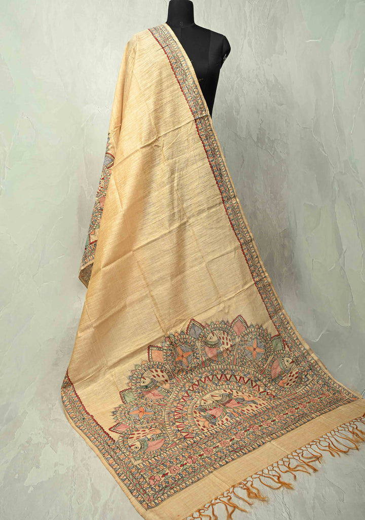 Dupatta : Peach Banana Vegan Cotton Silk Dupatta with Madhubani Hand Painted