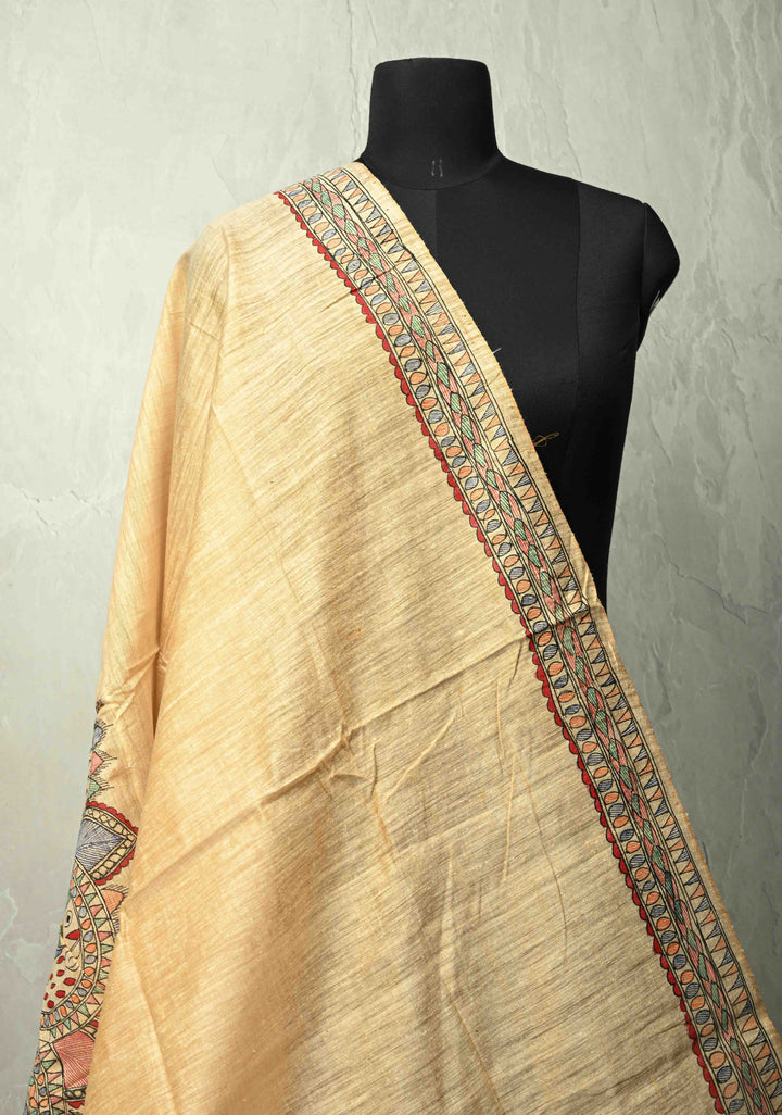 Dupatta : Peach Banana Vegan Cotton Silk Dupatta with Madhubani Hand Painted
