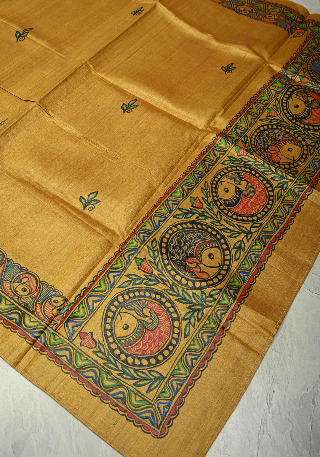 Dupatta : Mustard Yellow Tussar Silk Madhubani Fish Hand Painted Dupatta| SILK MARK CERTIFIED