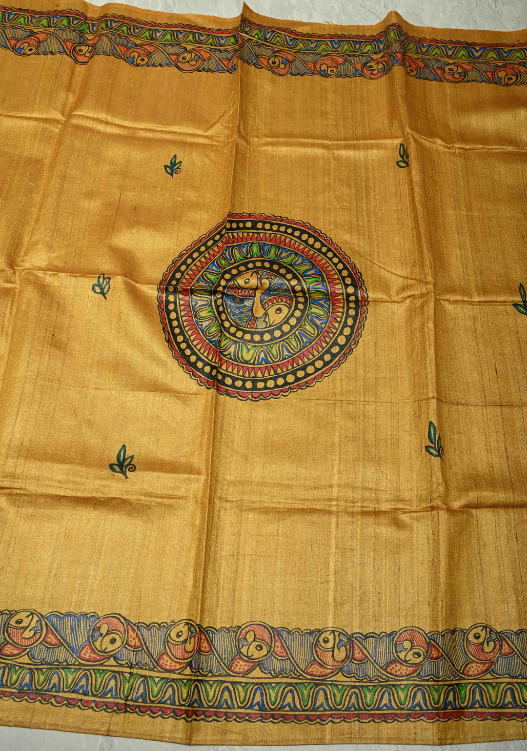 Dupatta : Mustard Yellow Tussar Silk Madhubani Fish Hand Painted Dupatta| SILK MARK CERTIFIED