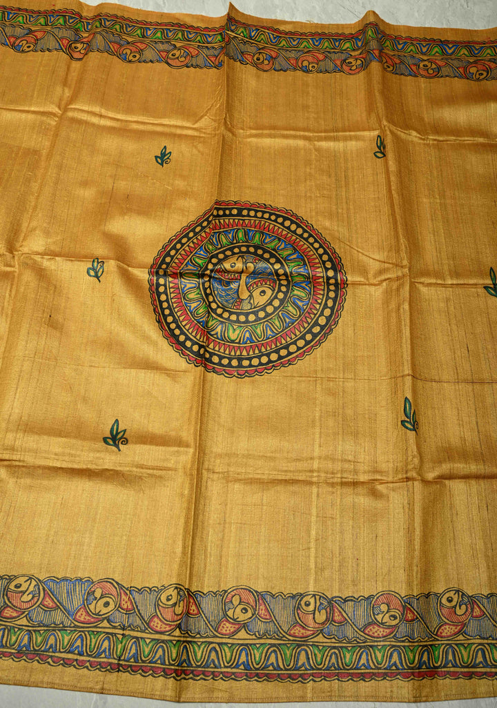 Dupatta : Mustard Yellow Tussar Silk Madhubani Fish Hand Painted Dupatta| SILK MARK CERTIFIED