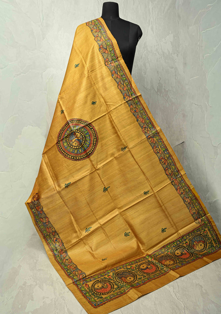 Dupatta : Mustard Yellow Tussar Silk Madhubani Fish Hand Painted Dupatta| SILK MARK CERTIFIED