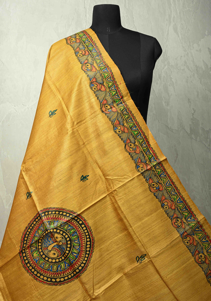 Dupatta : Mustard Yellow Tussar Silk Madhubani Fish Hand Painted Dupatta| SILK MARK CERTIFIED