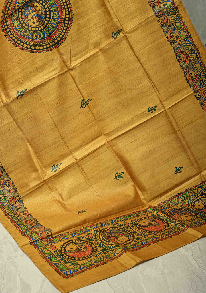 Dupatta : Mustard Yellow Tussar Silk Madhubani Fish Hand Painted Dupatta| SILK MARK CERTIFIED