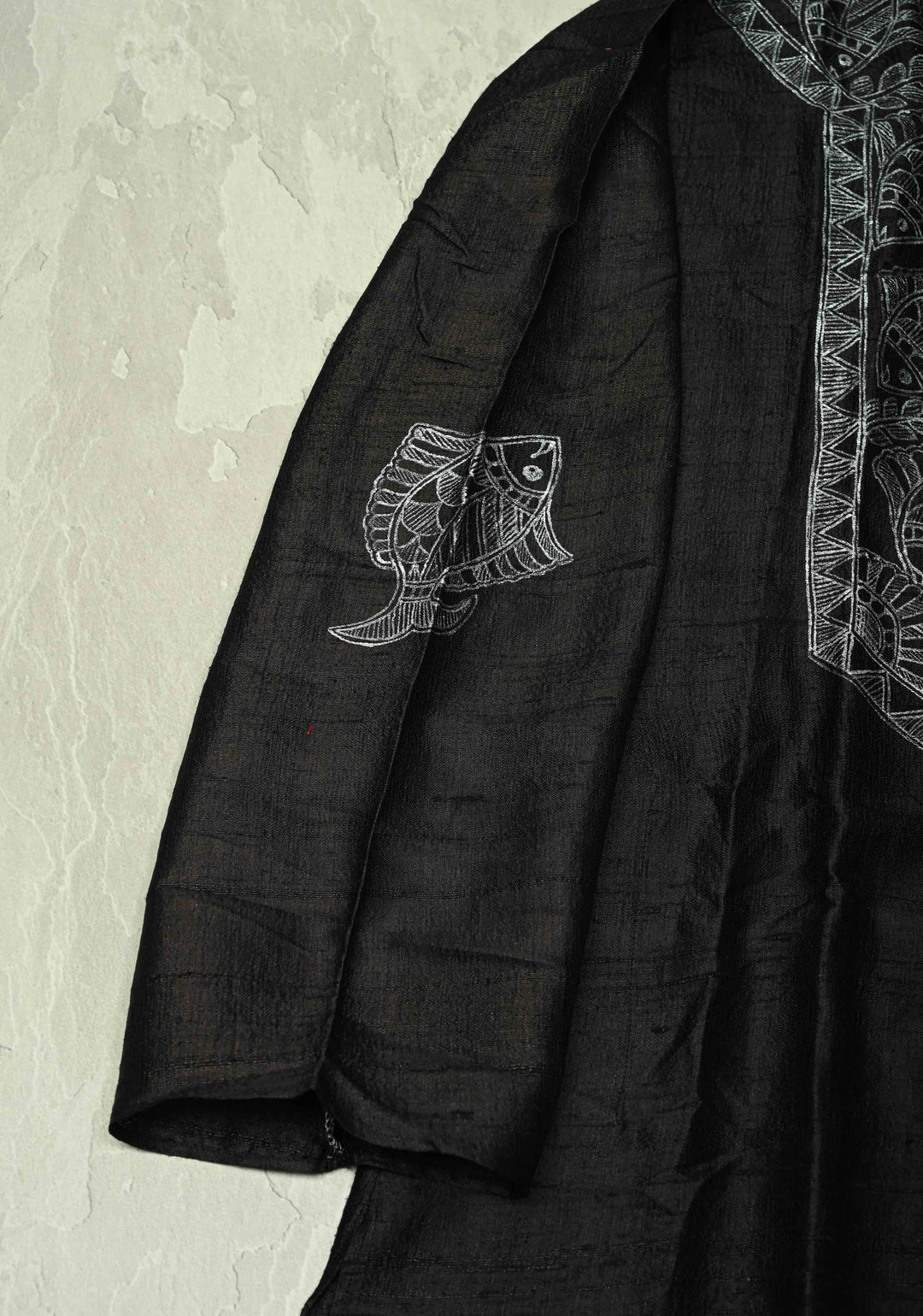 SIZE : 44 Black Pure Tussar Silk Full Sleeves Mens Kurta with Silver Fish Madhubani Hand Painting  | SILK MARK CERTIFIED