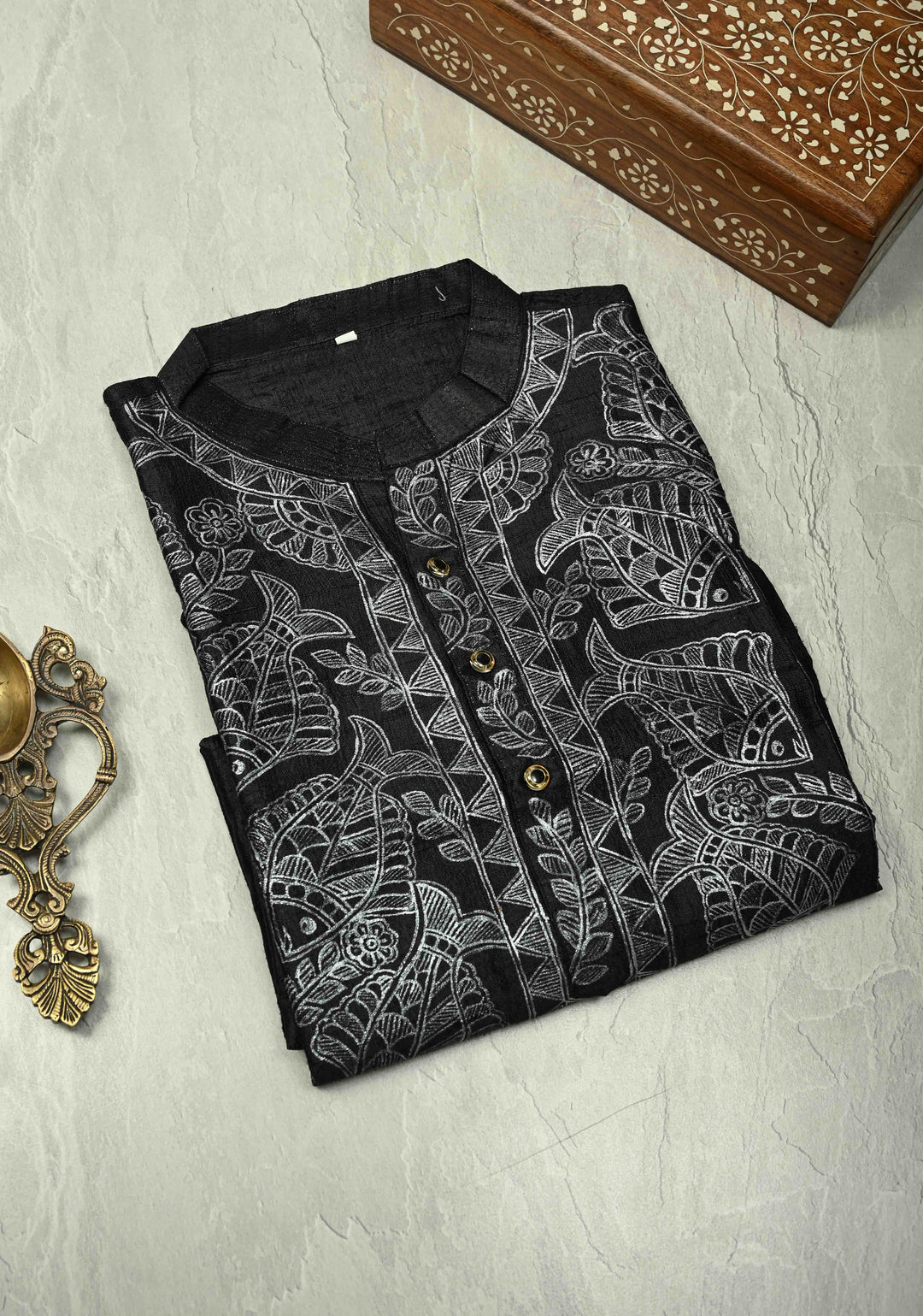 SIZE : 44 Black Pure Tussar Silk Full Sleeves Mens Kurta with Silver Fish Madhubani Hand Painting  | SILK MARK CERTIFIED