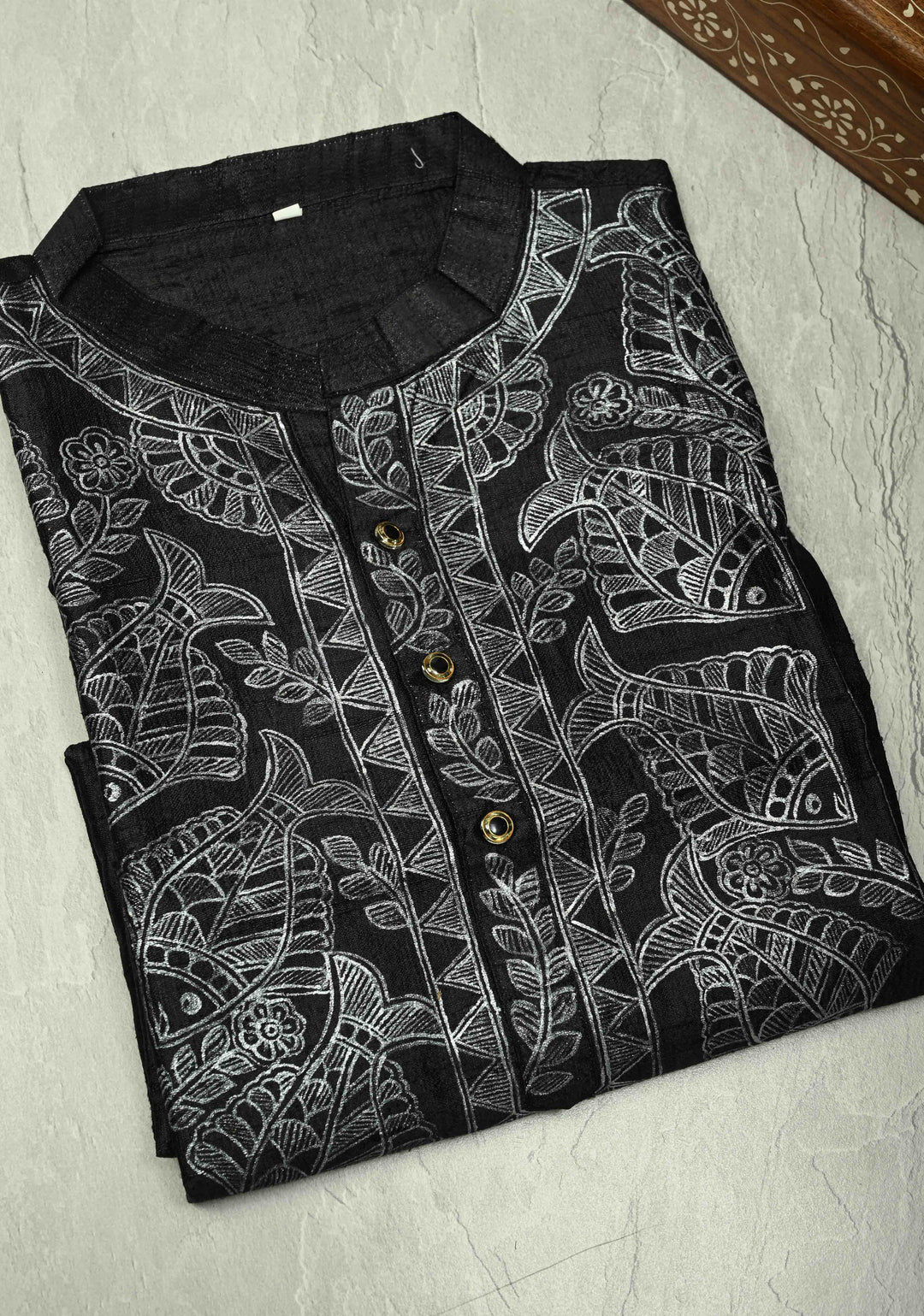 SIZE : 44 Black Pure Tussar Silk Full Sleeves Mens Kurta with Silver Fish Madhubani Hand Painting  | SILK MARK CERTIFIED