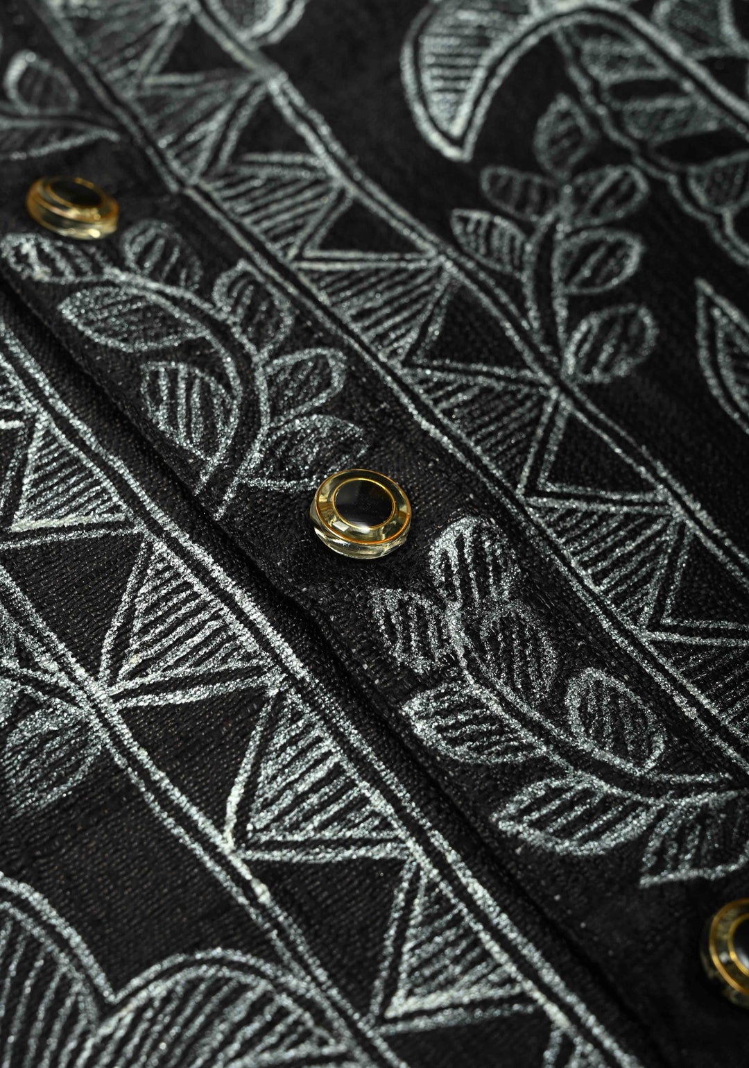 SIZE : 44 Black Pure Tussar Silk Full Sleeves Mens Kurta with Silver Fish Madhubani Hand Painting  | SILK MARK CERTIFIED