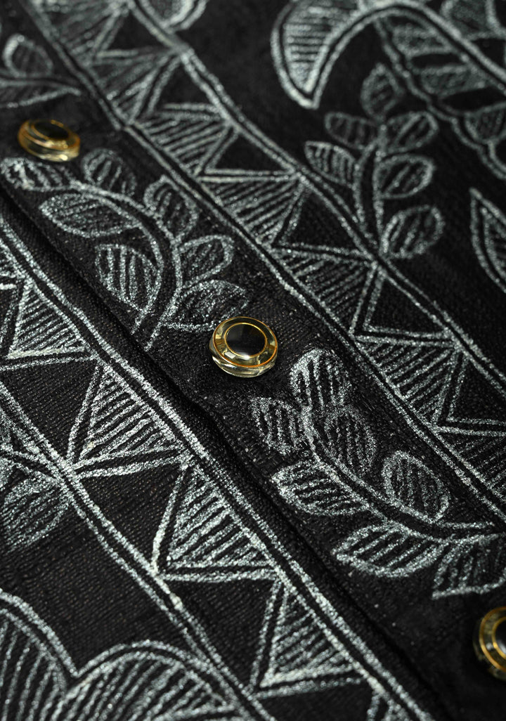 SIZE : 44 Black Pure Tussar Silk Full Sleeves Mens Kurta with Silver Fish Madhubani Hand Painting  | SILK MARK CERTIFIED