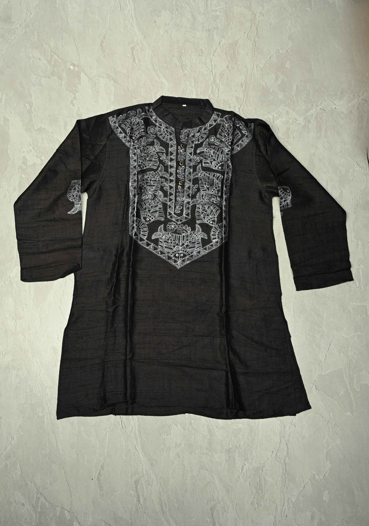 SIZE : 44 Black Pure Tussar Silk Full Sleeves Mens Kurta with Silver Fish Madhubani Hand Painting  | SILK MARK CERTIFIED