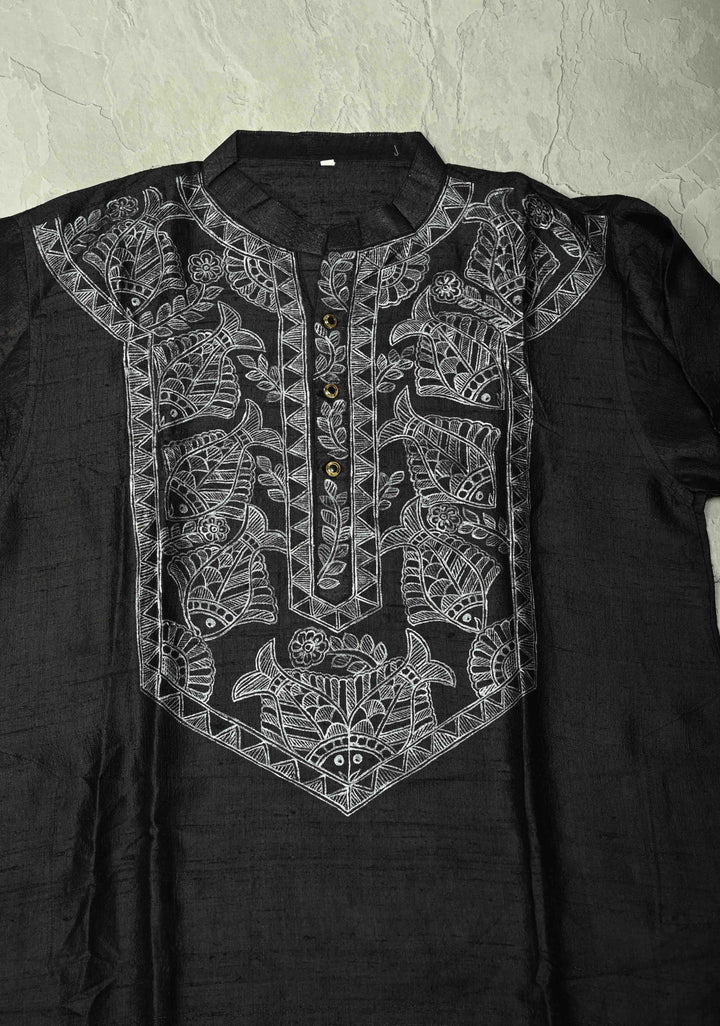 SIZE : 44 Black Pure Tussar Silk Full Sleeves Mens Kurta with Silver Fish Madhubani Hand Painting  | SILK MARK CERTIFIED