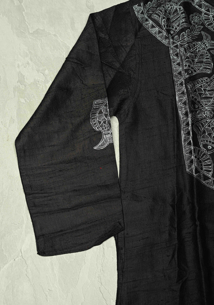 SIZE : 44 Black Pure Tussar Silk Full Sleeves Mens Kurta with Silver Fish Madhubani Hand Painting  | SILK MARK CERTIFIED
