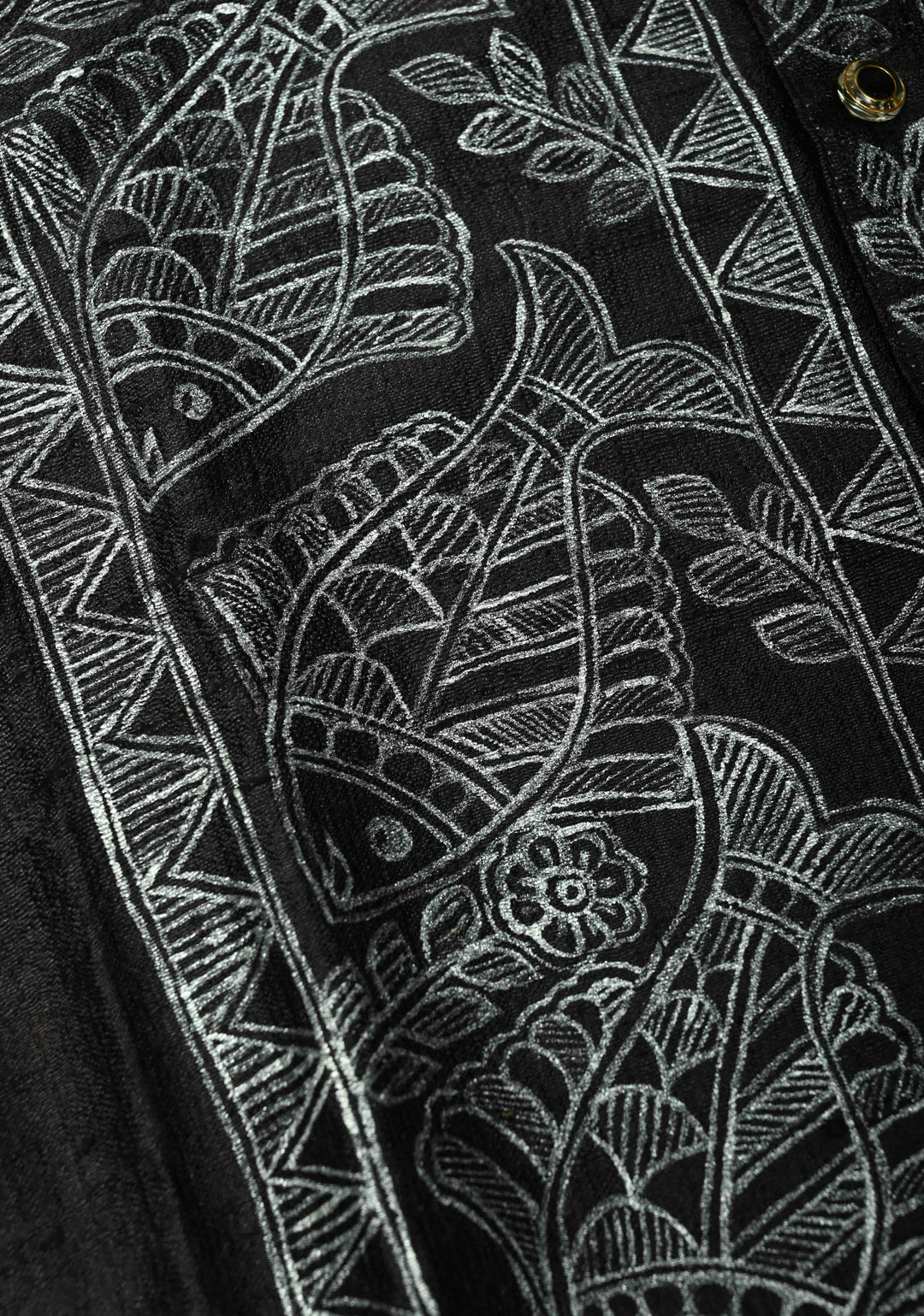 SIZE : 44 Black Pure Tussar Silk Full Sleeves Mens Kurta with Silver Fish Madhubani Hand Painting  | SILK MARK CERTIFIED